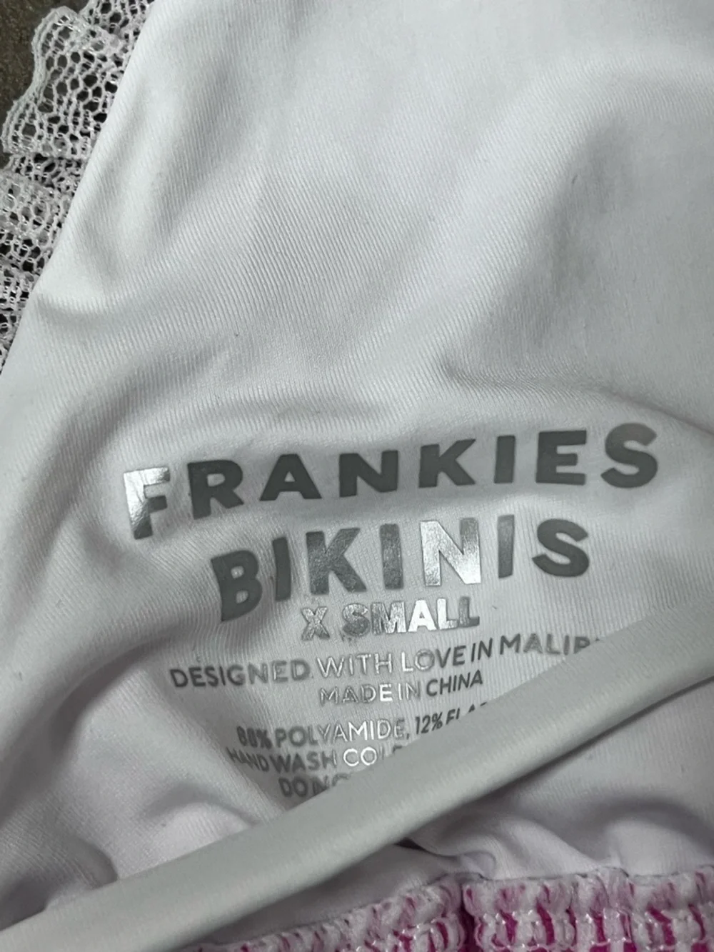 New Frankies Bikinis Pink Seersucker Triangle Bikini Top with White Ruffle Trim